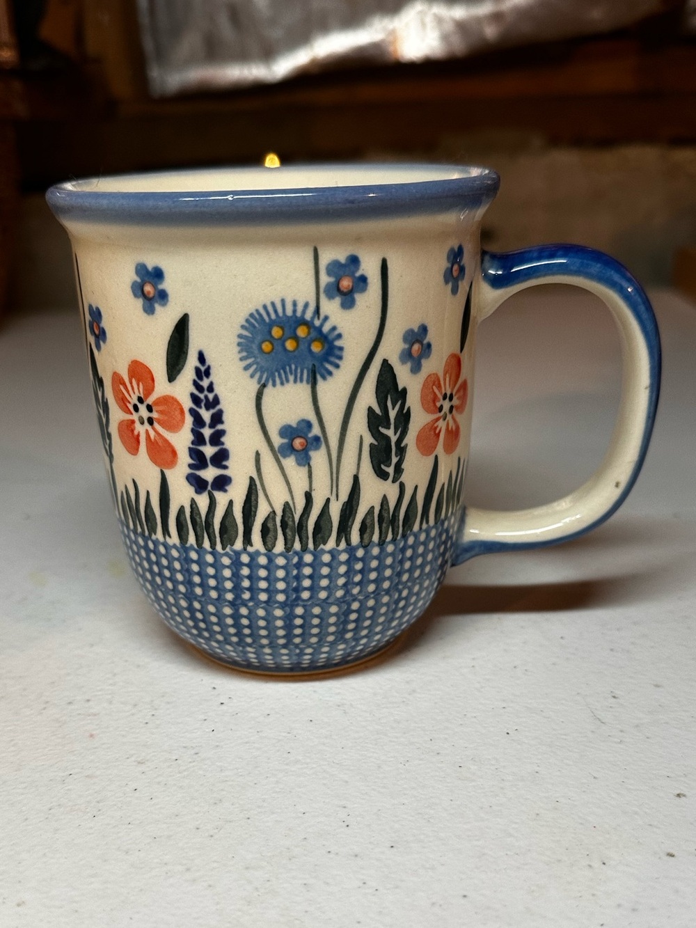 Hand-Painted Polish Pottery Floral Ceramic Mug - Blue & Coral
